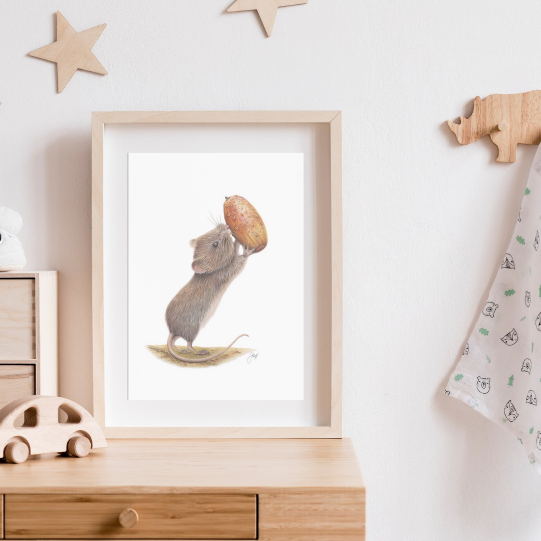 Framed Woodland Mouse print on a child's bedroom tabletop