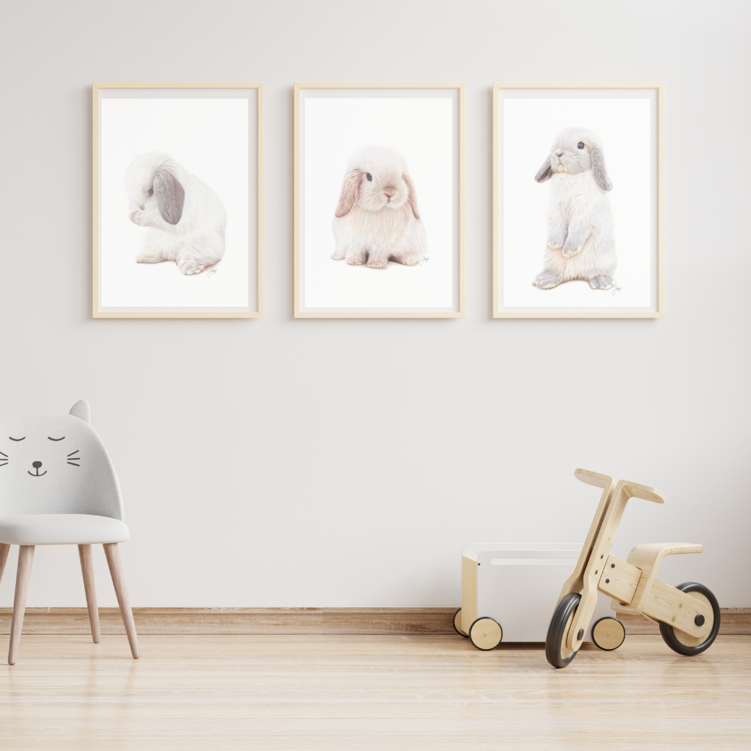 Framed prints of Alice, Snowball and Alfie on a nursery wall