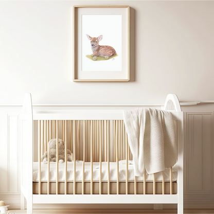 Framed Fawn print on a warmly lit nursery wall