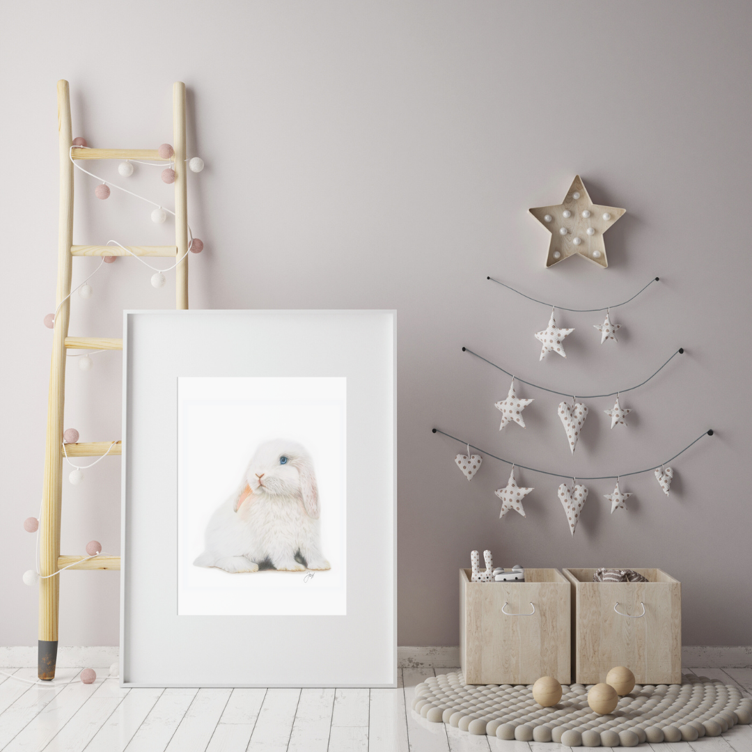 Framed print of Alice the bunny amongst minimalist Christmas decor