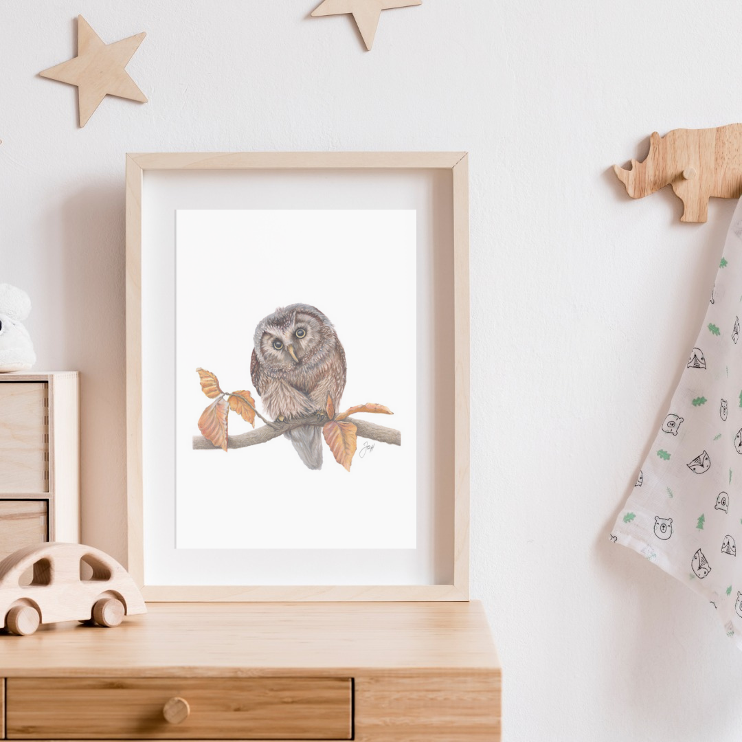 Framed Woodland Owl print on a child's bedroom tabletop 