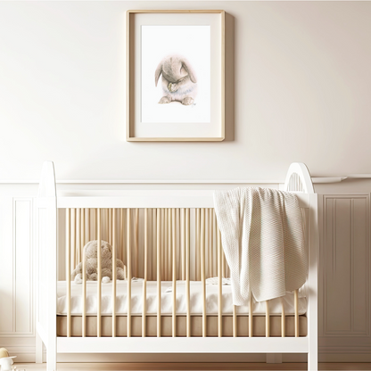 Framed print of Coco the bunny on a warmly lit nursery wall
