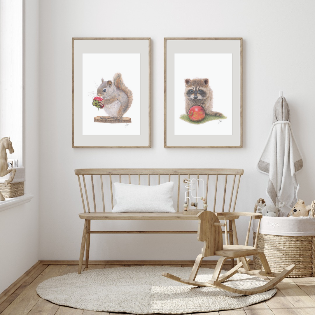 Framed Woodland Squirrel and Raccoon on a nursery room wall